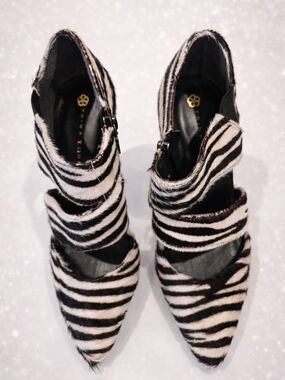Trina Turk Black and White Zebra-Print Strappy Pointed-Toe Heels